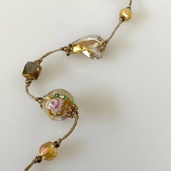 Necklace Amber Floral Lampwork Glass Beaded Necklace Pretty Bohemian Chic 30” - Picture 5 of 12